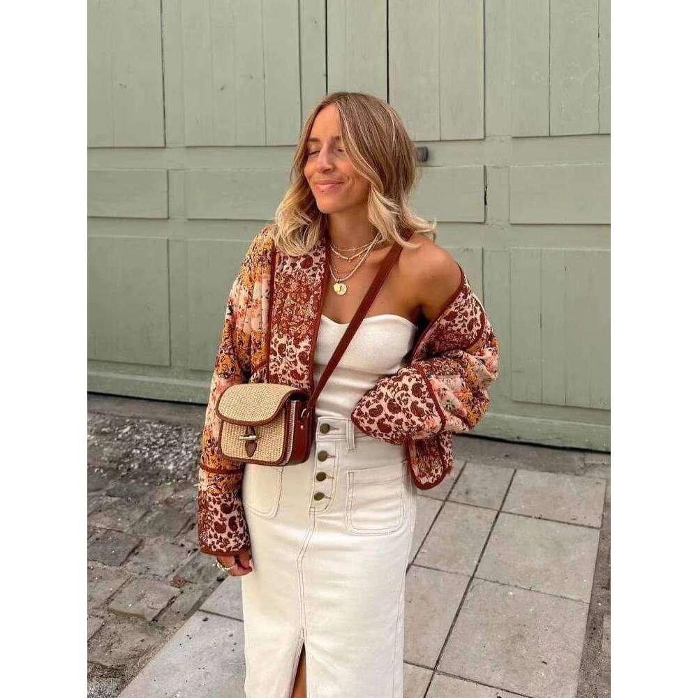 New Autumn Vintage Print Patchwork Cotton Woman Coats Casual Loose Full Sleeve Short Jackets Winter Female Outerwear