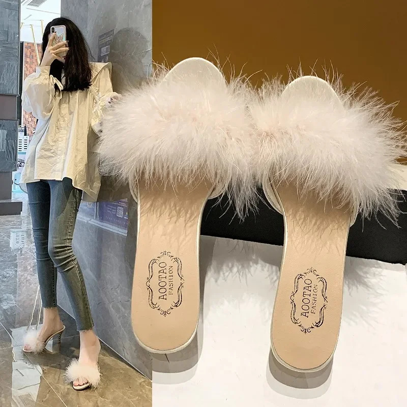 Large43 Mules Sandal Women Summer Outdoor Slippers Square Toe High Heels Office Ladies Feather Slides Chic Classics Furry Shoes 251023