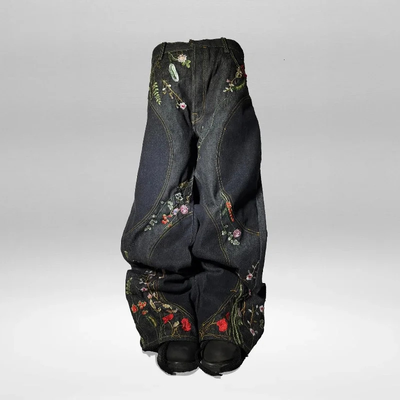 Y2K Baggy Jeans vintage splicing Floral Seams Embroidery Streamlined Jeans 2000s Harajuku goth men women Hip Hop wide leg jeans 251024
