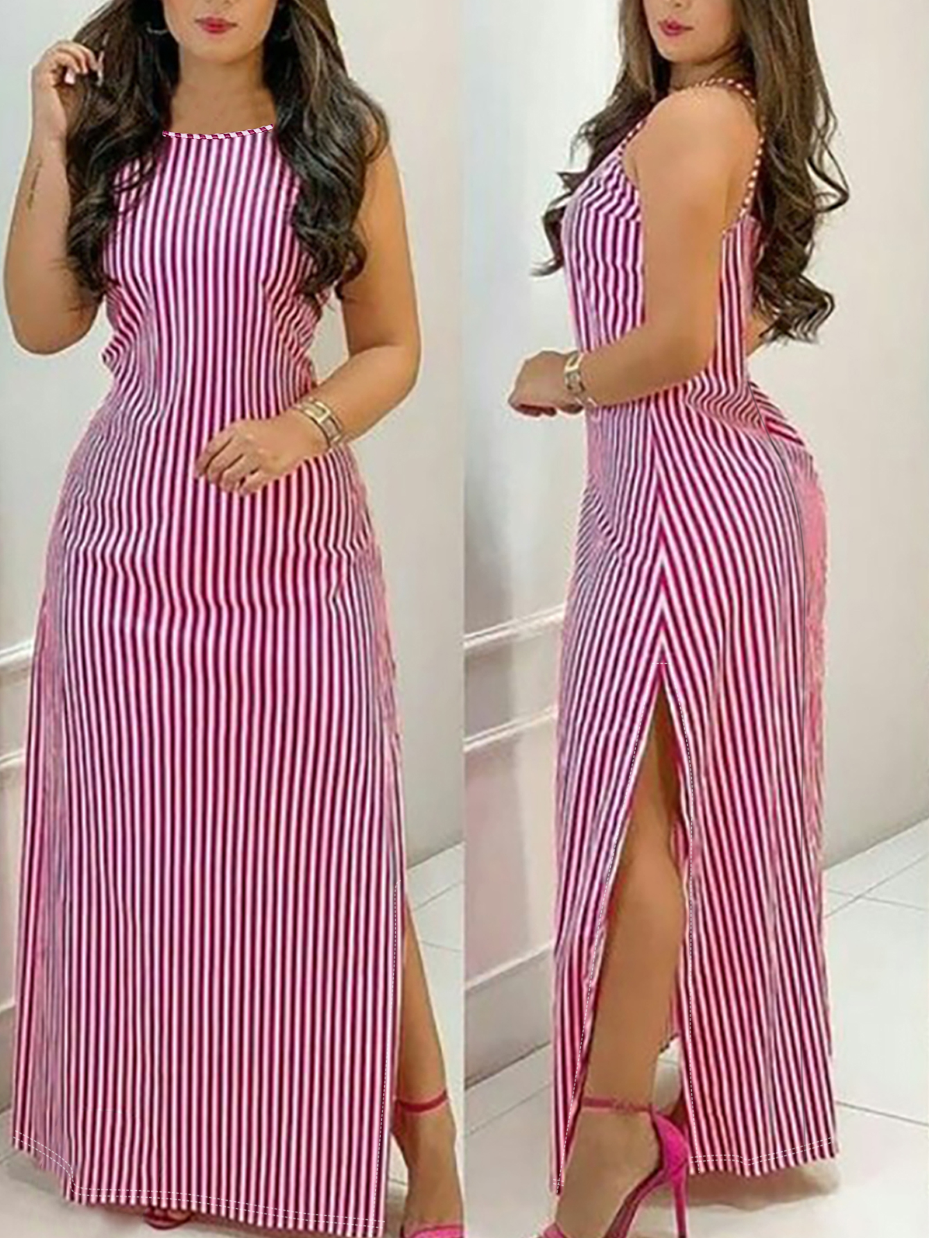 Spring Summer Autumn New Women's Outing Streetwear Casual Elegant Striped Printed Spaghetti Strap Dress with Side Slit, Milk Silk Deep Pink Dress