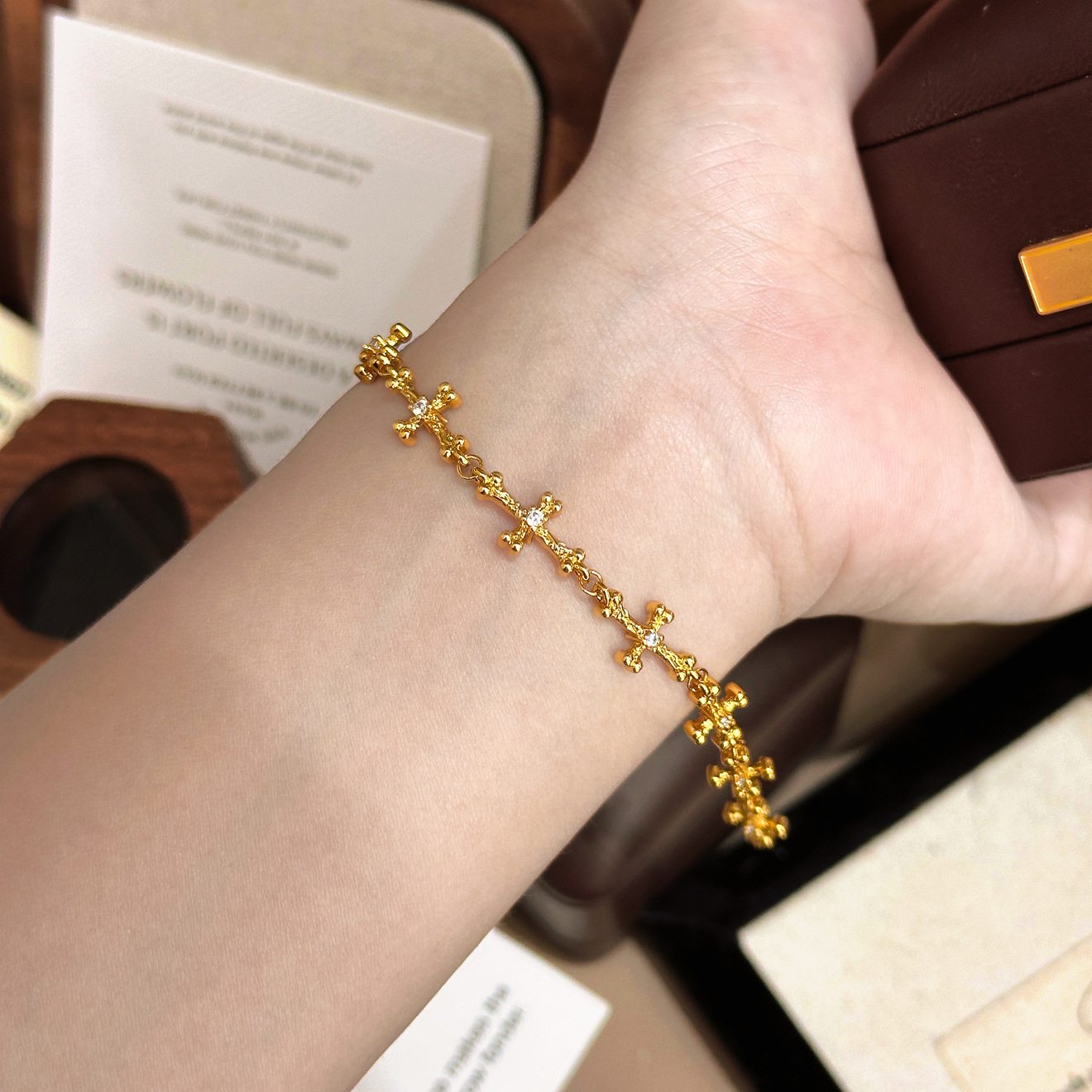TaiYang New Gold Plated Gothic Bone Cross Bracelet, Adjustable Copper Chain with Edgy Elegance for Women Z260313