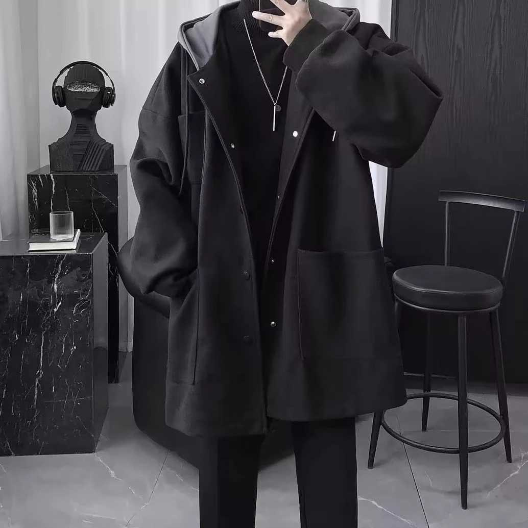 Blends for Men England Style Winter Thicker Hooded Outwear Handsome Big Pockets Black Long Coat Stylish Hombre Fashion DailyT251025