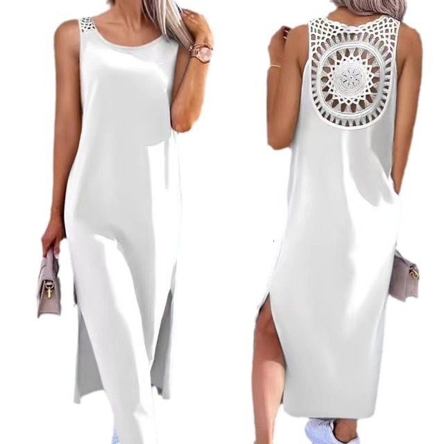 Women's Lace Hollow Out Strap Sleeveless Slit Tank Over-the-Knee Mid-Length Summer Dress