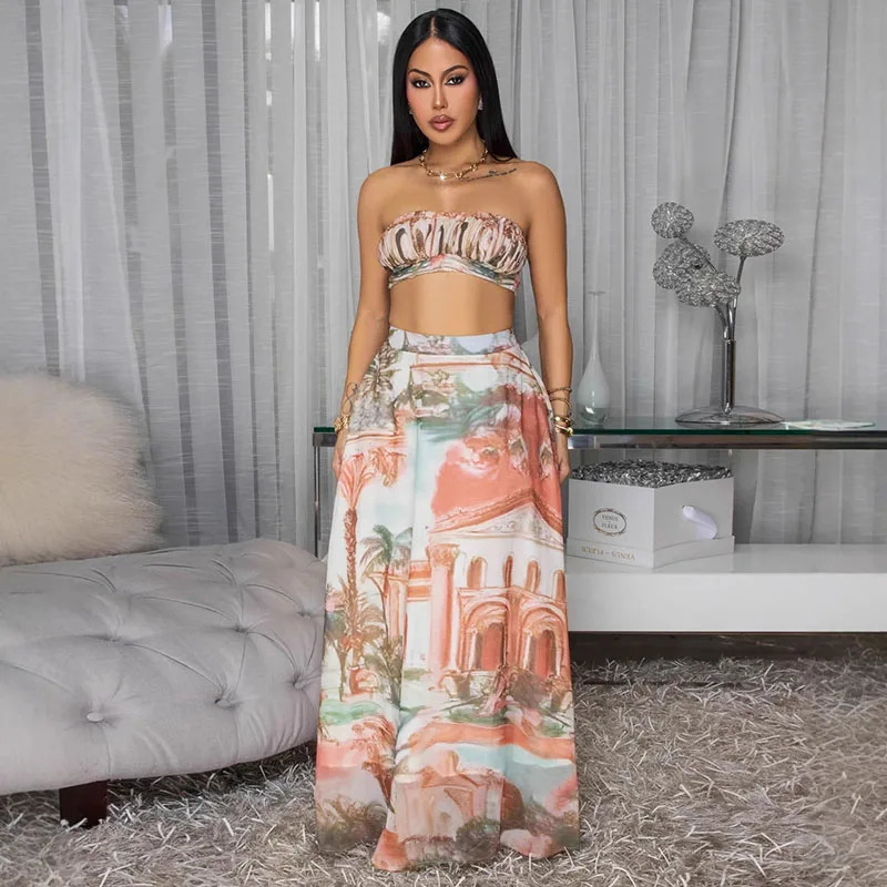 Doyerl Pattern Printing Party Dress Set Two Piece Vacation Club Wear Crop Top and Long Skirt Matching Sets Outfits 251016