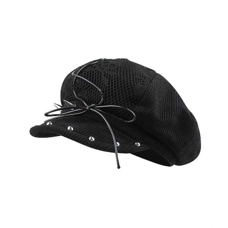 Wens Tren Harajuku Black Gothic Punk Beret Y2K Girl Rivets Bow Skl Lace Soft Flat Top Hat Outdoor Streetwear Sunhats Y251025