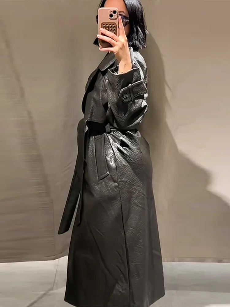 Double Breasted Lace up Long Leather Coat Woman Long Sleeves Loose Solid Color Casual Jackets Street Womens Early Autumn Coats 251020