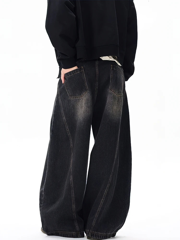 Vintage Black Washed Baggy Jeans Pants Men Wide leg Curved Blade Pants Streetwear Cowboy Casual Denim Straight Trousers 251023