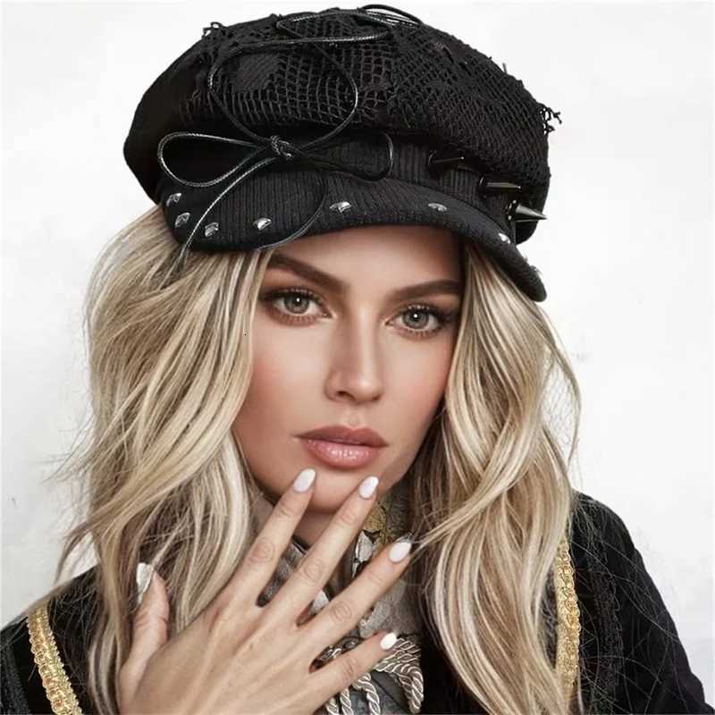 Wens Tren Harajuku Black Gothic Punk Beret Y2K Girl Rivets Bow Skl Lace Soft Flat Top Hat Outdoor Streetwear Sunhats Y251025