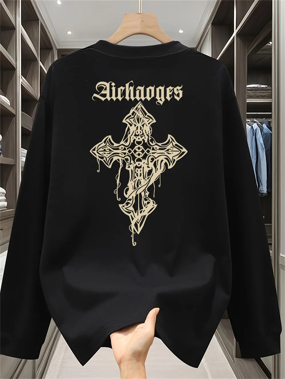 Autumn American Mens Gothic Cross Letter Printed Comfortable Long Sleeve Tshirt Outdoor Urban High Street Top 251020