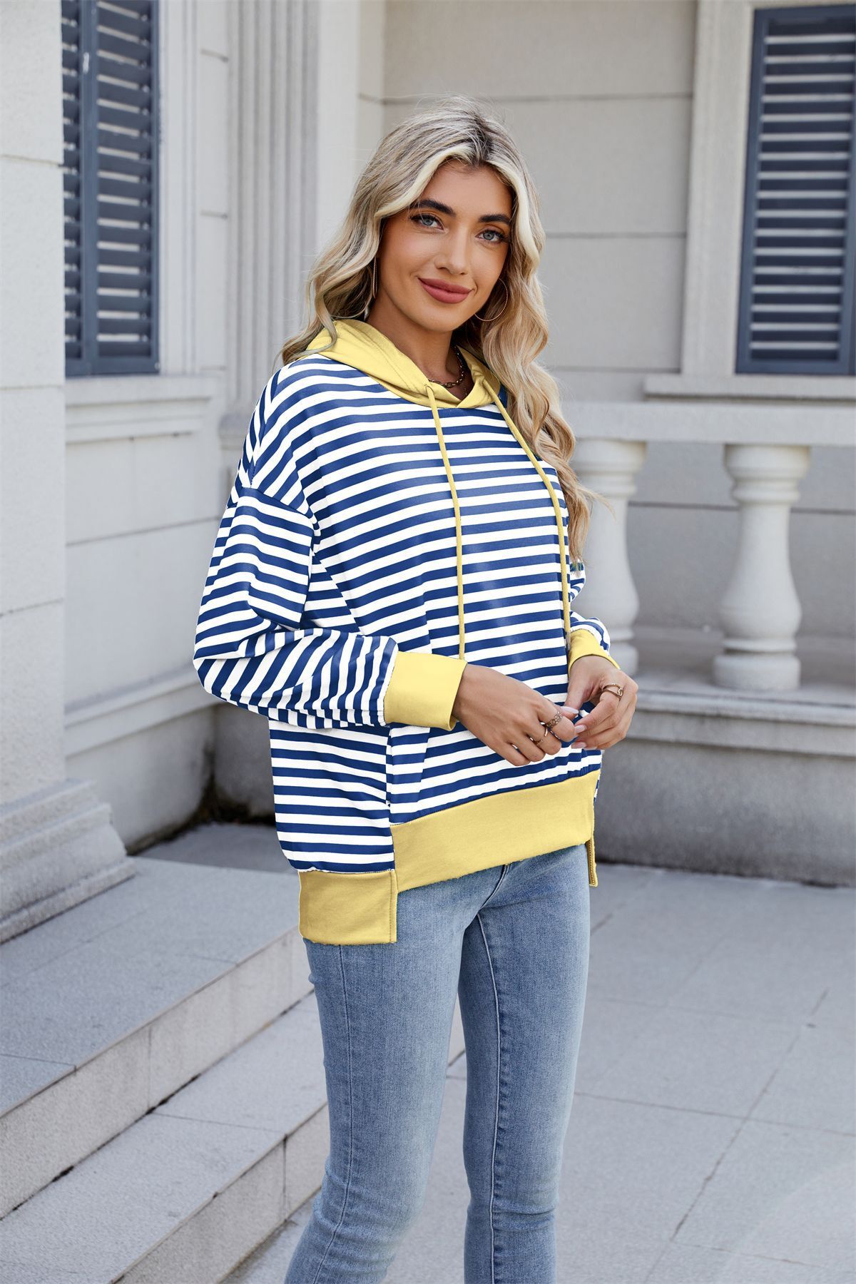 2025 Autumn and Winter New Loose Casual ColorBlock Striped Hoodie Sweatshirt for Women