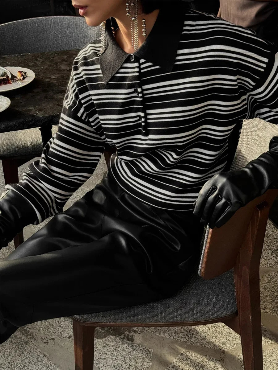 Wolfeel Womens Vintage Contrast Striped Knitted Polo Collar T Shirt Spring Summer Long Sleeve Fashion Retro Casual Trend Top 251023