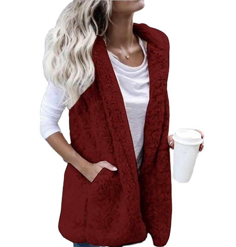 Autumn Winter Plus Size Women's Fashion Solid Color Sleeveless Hooded Pocket Fuzzy Vest