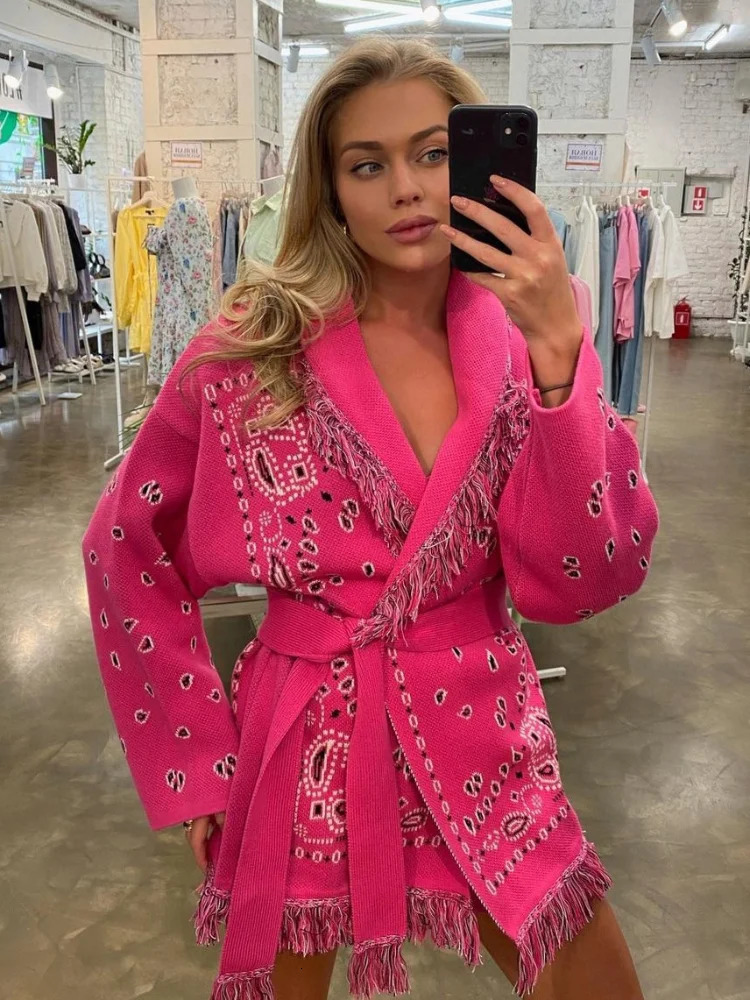Women Tassel Patchwork Printed Cardigan Geometric Patterns Belts Vneck Long Sleeve Knitted Casual Lady Sweater 2025 Autumn Coat 251013