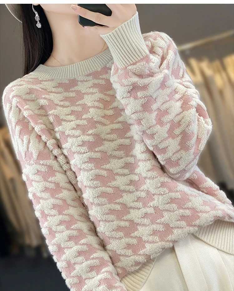 2025 Autumn Winter New Korean Version Round Neck Loose 100 Wool Houndstooth Pullover Sweater Knitted Base LayerT251025