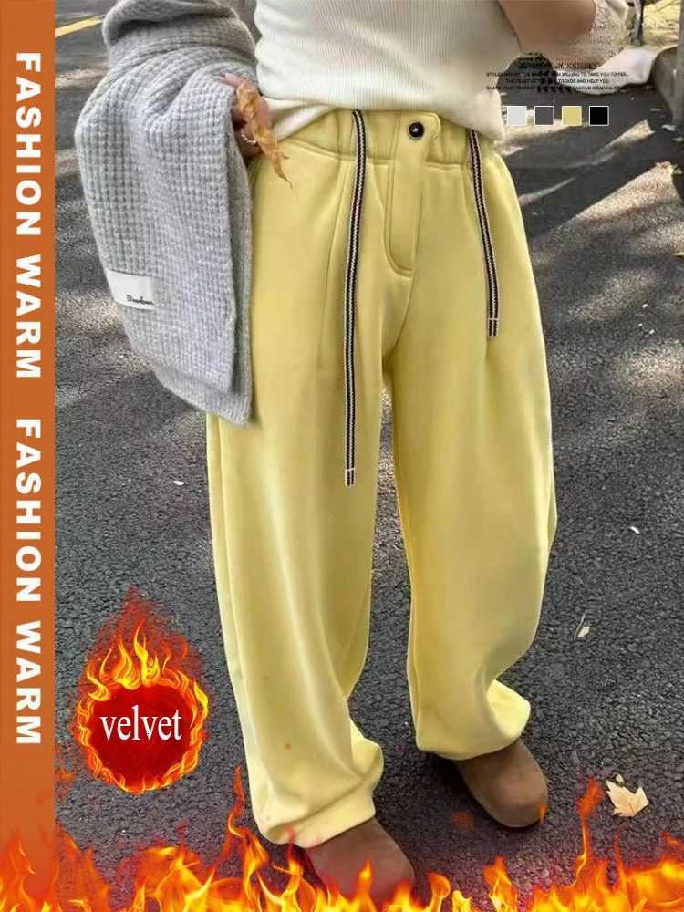 Velvet Wideleg Pants Women Highwaisted Drawstring Loose Casual Thicken Warm Sweatpants Solid Yellow Winter Womens TrousersT251025