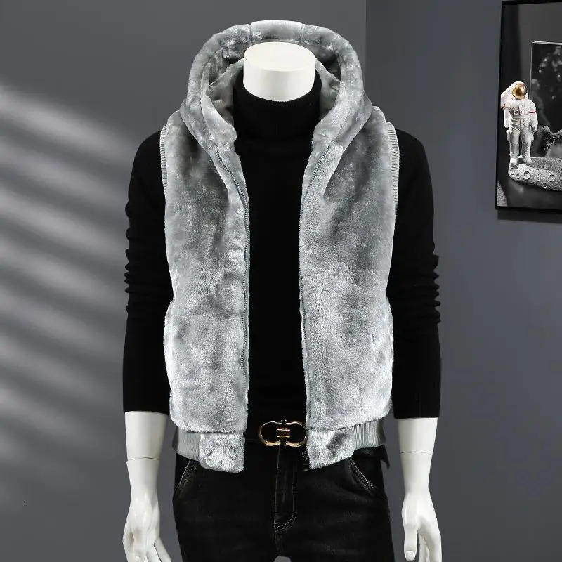Autumn Winter Thiened Warm Mens Hooded Faux Fur Zipper Cardigan Vest European Sle Couples Outerwear Polyester Fiber 251020
