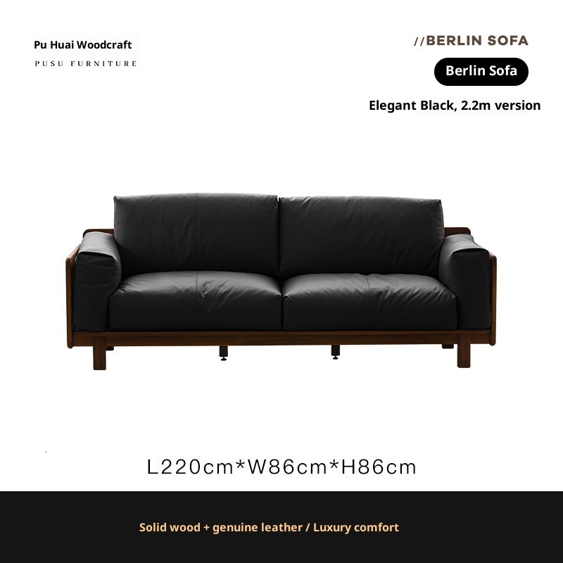 Black Walnut Sofa Full Solid Wood Genuine Leather Modern Simple Three-Seater Living Room Small Apartment Home Down Filling