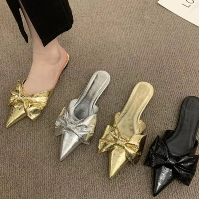 Bowtie Mule Shoes Women Fashion Pointed Toe Stripe Wave Slipon Sandals Ladies Satin Silk Outdoor Flat Slippers 251023