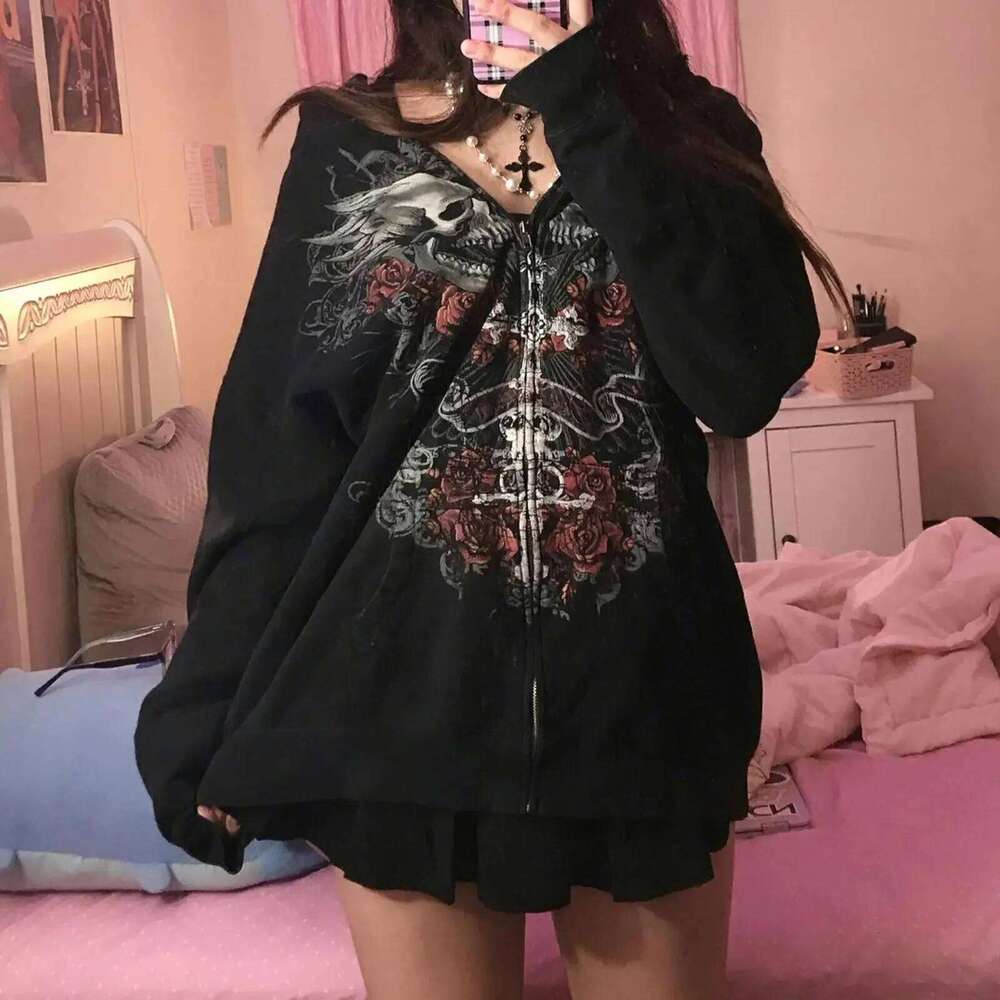 Combhasaki Women Y2k Vintage Grunge Gothic Loose Coat Long Sleeve Skull Print Sweatshirt Outwear Pocket Jacket With Zipper