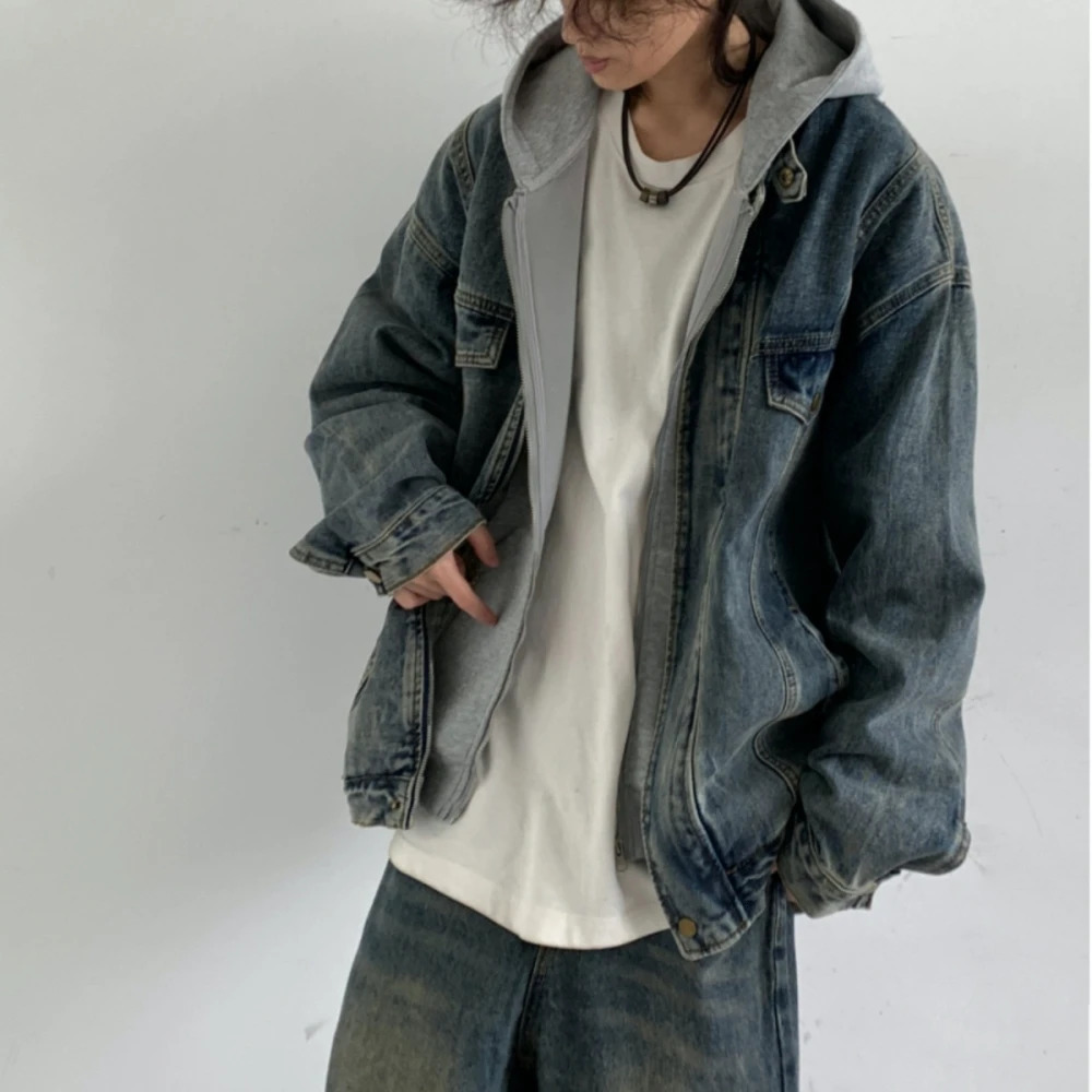 Korean Fashion High Quality Hip Hop Denim Jacket Men Streetwear Couple Stand Collar Vintage Coat Kpop Distressed Jackets 251017