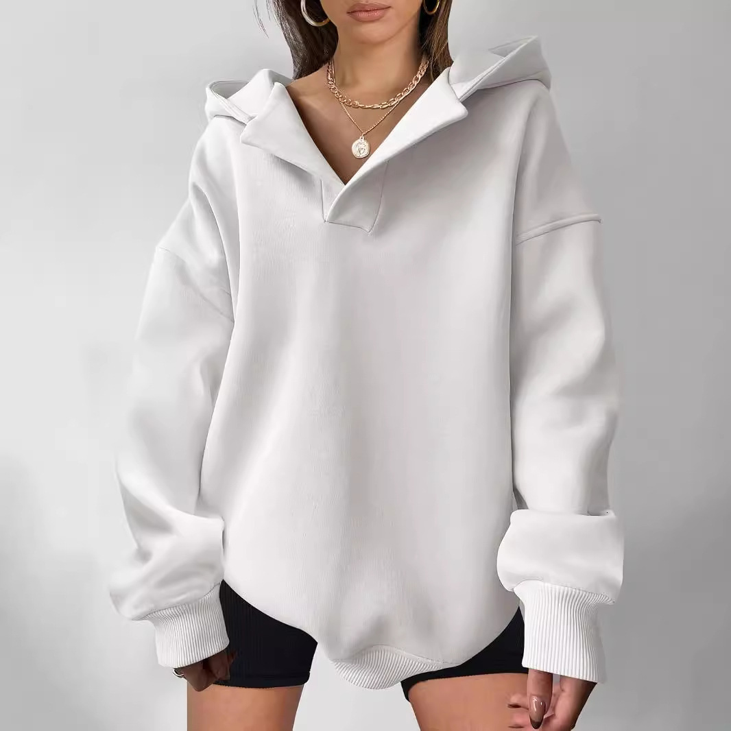 2025 Autumn Winter Women's Solid Color Long Sleeve Hooded Loose Fit Sweatshirt for Women