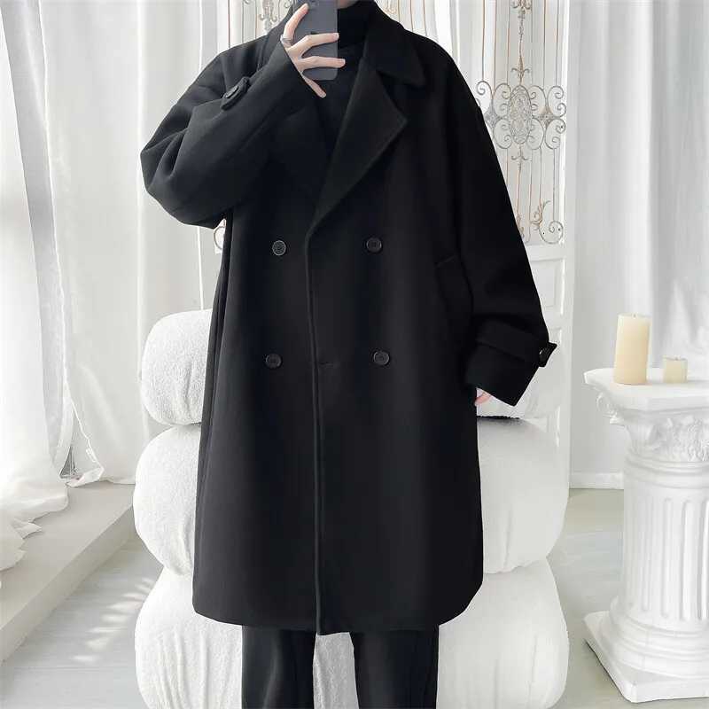 Korean Mens Wool Blend Coat XLong Notched Collar Double Breasted Pea Coat Trench OvercoatT251025