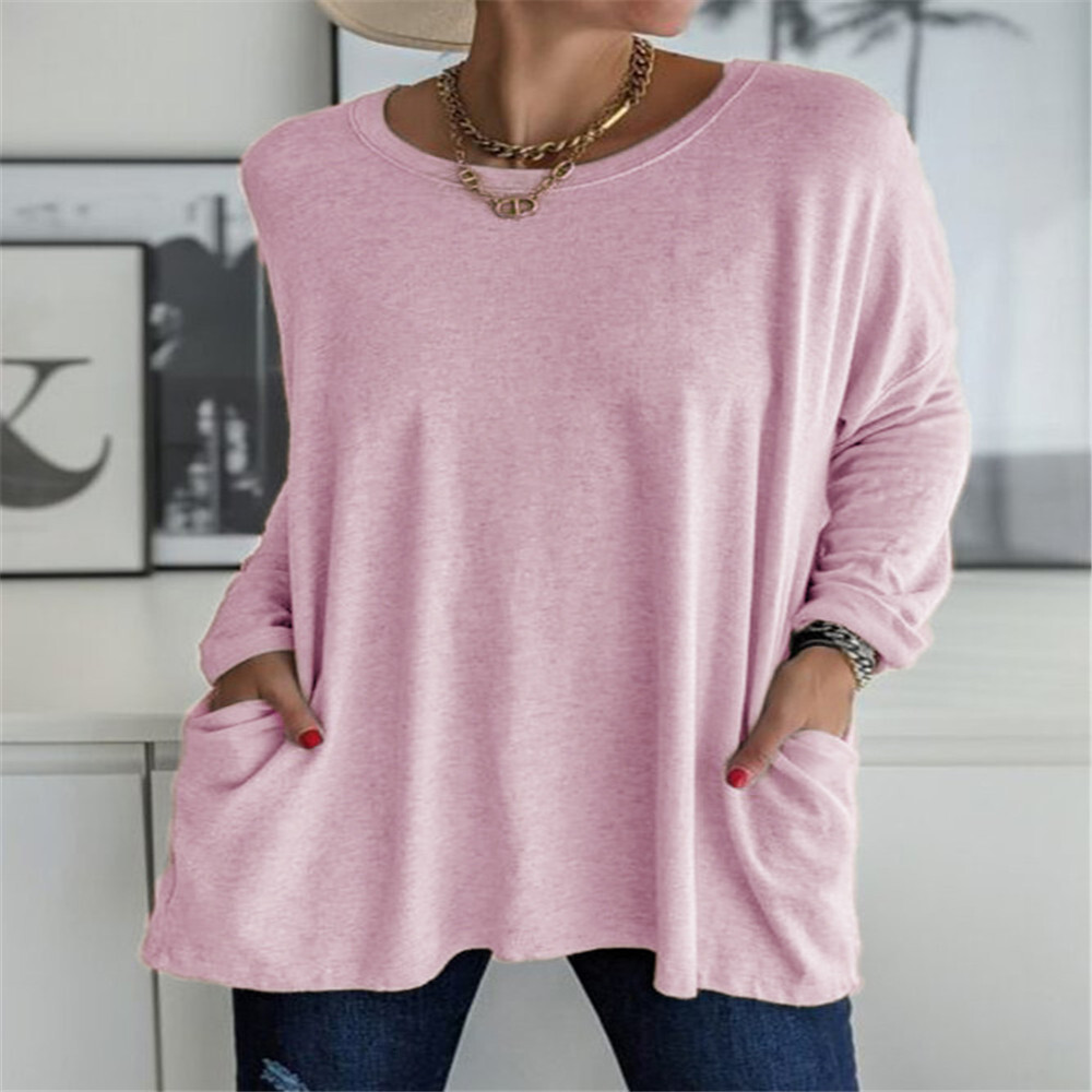 Spring Summer New Round Neck Long Sleeve Loose Pocket Solid Color T-Shirt Casual Women's Clothing
