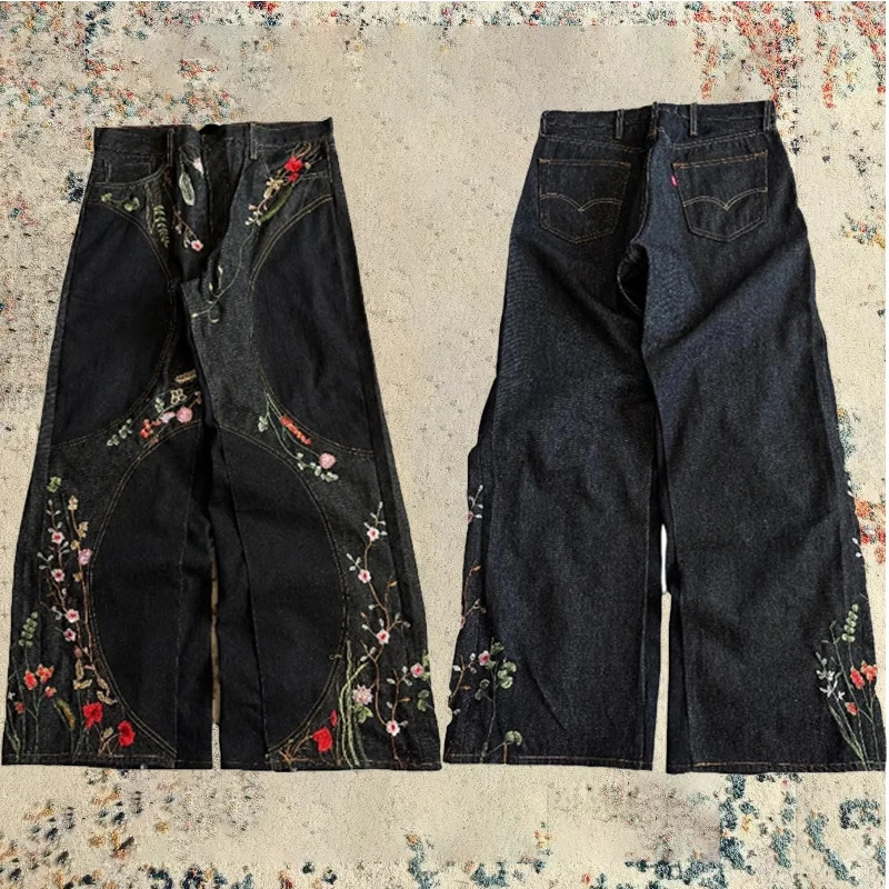 Y2K Baggy Jeans vintage splicing Floral Seams Embroidery Streamlined Jeans 2000s Harajuku goth men women Hip Hop wide leg jeans 251024