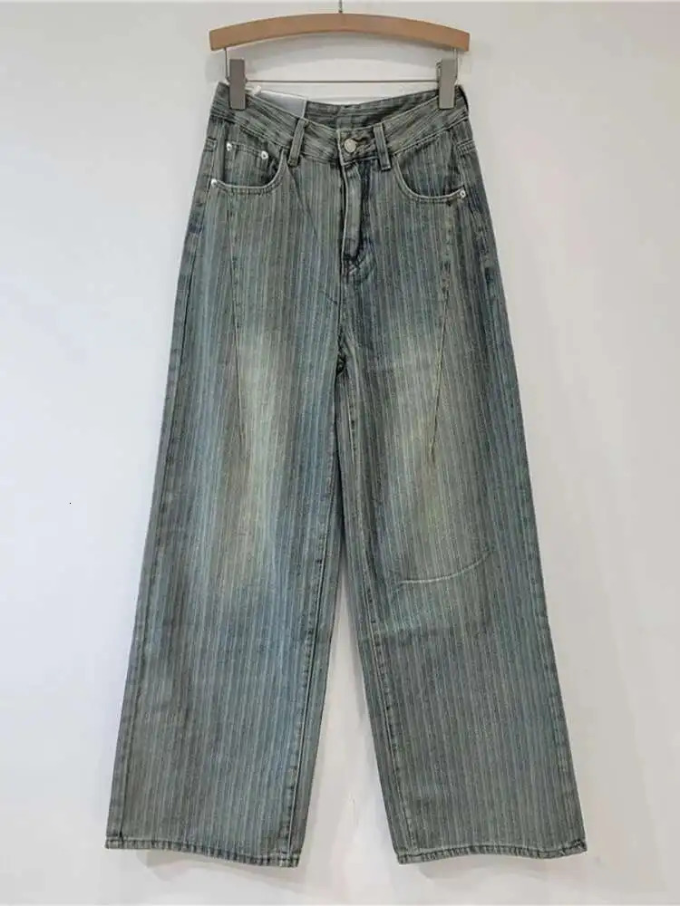 DEAT Womens Jeans High Waist Washed Striped Loose Straight Wide Leg Vintage Casual Denim Pants 2025 Summer Fashion 29L8450 251023