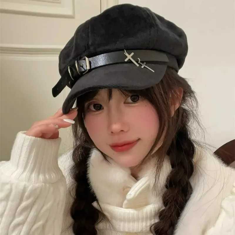 2025 Wen Harajuku Gothic Lolita Beret Hat C Y2K Girl Fashion Black Punk Cross Hats Handmake Decorative Beret Hats Wholes Y251025