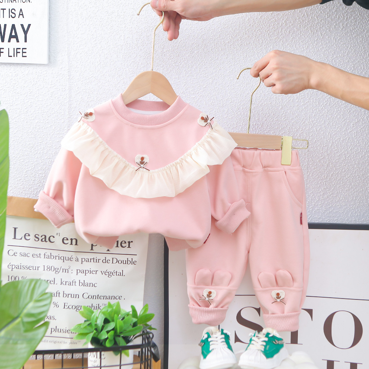 luxury kids clothing girls Girls' Spring Fall Patchwork Lace Hoodie Set, 2-Piece Long Sleeve Outfit for Toddler & Baby Girls