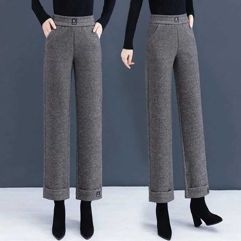 Simplicity Fashion Autumn Winter Woolen Pants Women Solid Pockets High Waist Plus Velvet Straight Wide Leg Ankle Length TrousersT251025