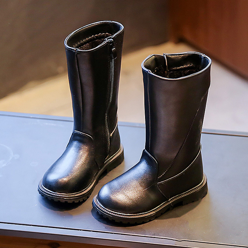 Girls Long Boots Black PU Leather Kids High Boots Winter Fashion Design Warm Fur Cutefeet Children Girl Motorcycle Boots Sizes 26 - 36 US9C-US4Y C1177