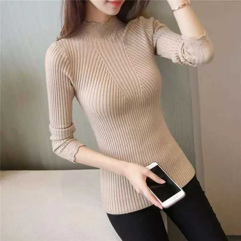 Women Autumn Winter Mock Neck Ruffles Sweater Long Sleeve Knitted Bottoming Solid Pullovers Female Casual Stripe Tops SweaterT251025