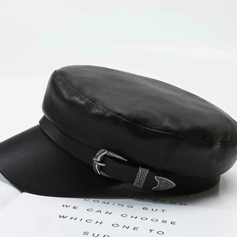 Wen Men Fashion Leather Hat with Belt Buckle Military Beret C Flat Top Sailor Hat Black Autumn Spring Casual Vintage Y251025