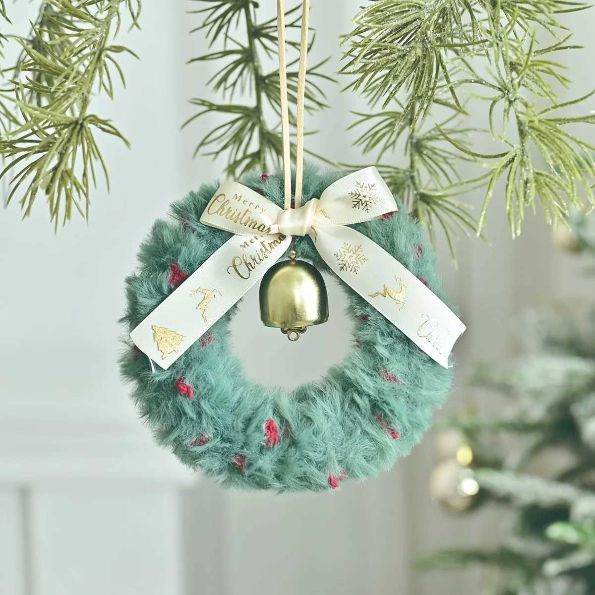 Plush Christmas Wreath Decoration Window Door Hanging Car Hanging Scene Arrangement Christmas Bells Bow Wreaths Party Decoration C251024