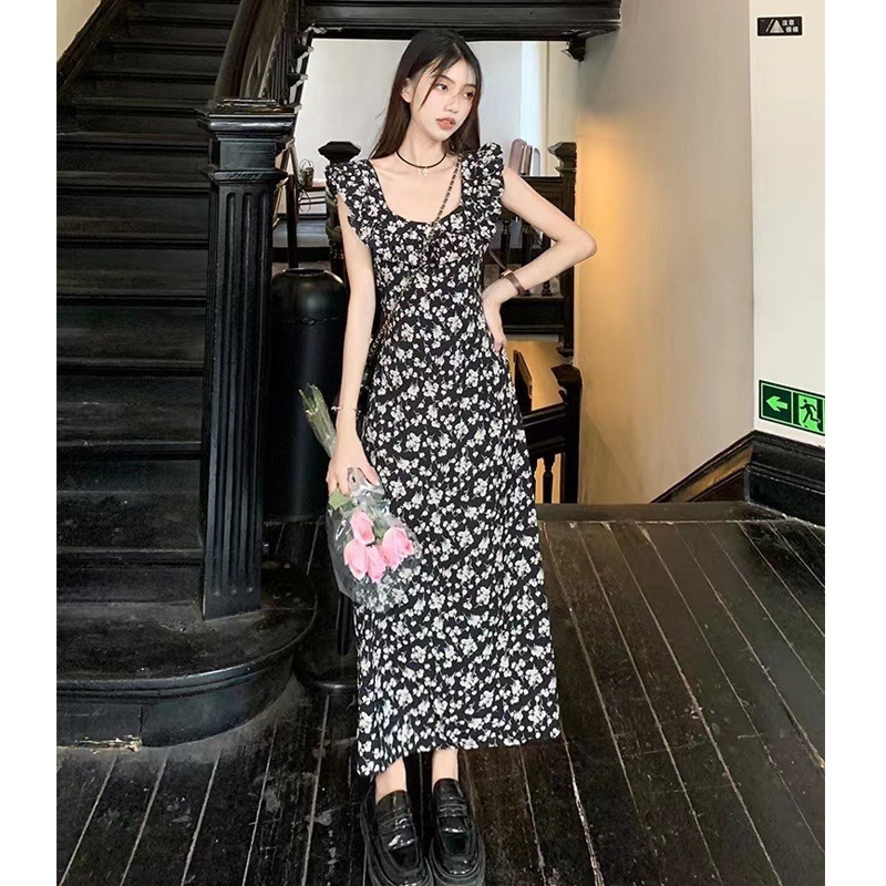 Summer new fashion designer women's ruffled floral high-end waist cinching slimming dress