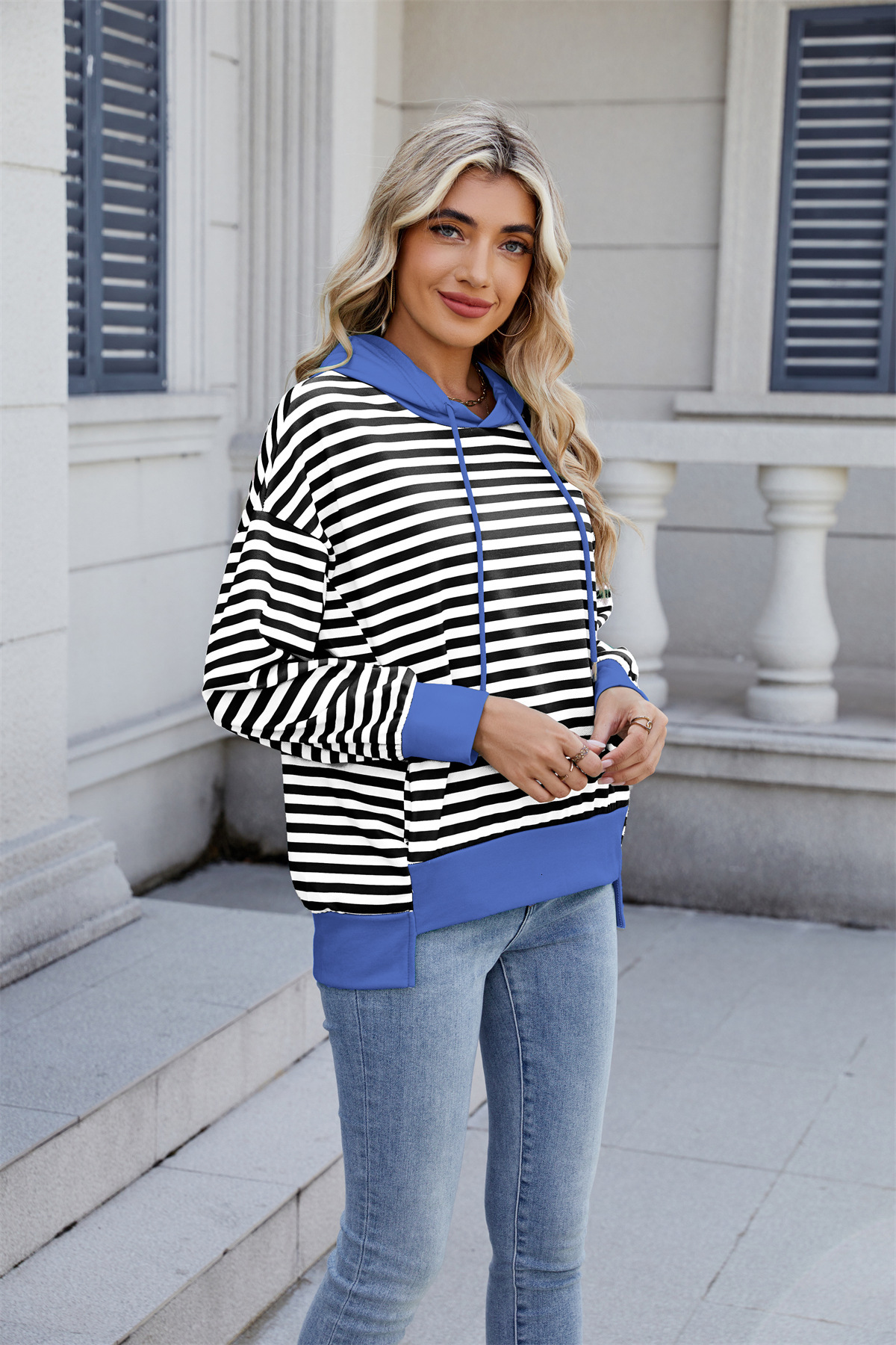 2025 Autumn and Winter New Loose Casual ColorBlock Striped Hoodie Sweatshirt for Women