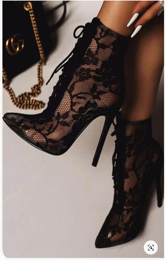 2025 Black Mature Mesh Women Boots High Heel Pumps Floral LaceUp Thin High Heels Ankle Pointed Toed Party Wedding Shoes 251023