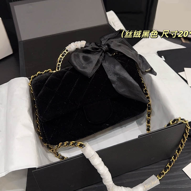 Silk Bow Decoration Ladies Designer Mini Flap Bag with Top Handle Velvet Diamond Lattice Quilted Golden Hardware Metal Chain Shoulder Handbag Crossbody Purse 20cm