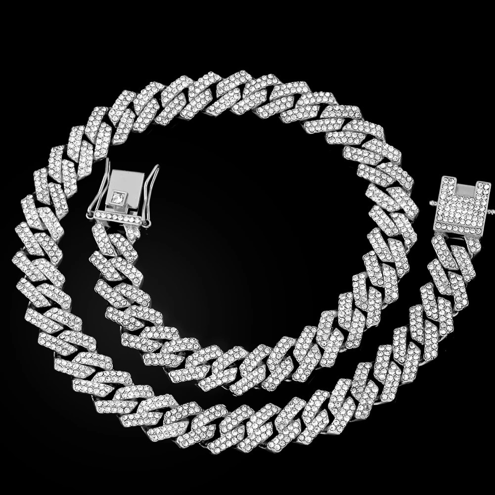 Iced Out Cuban Link Chain 2 Row Diamond Cuban Chain Rhombus Prong Cuban Choker Necklaces Women Men Hip Hop Jewelry 251013