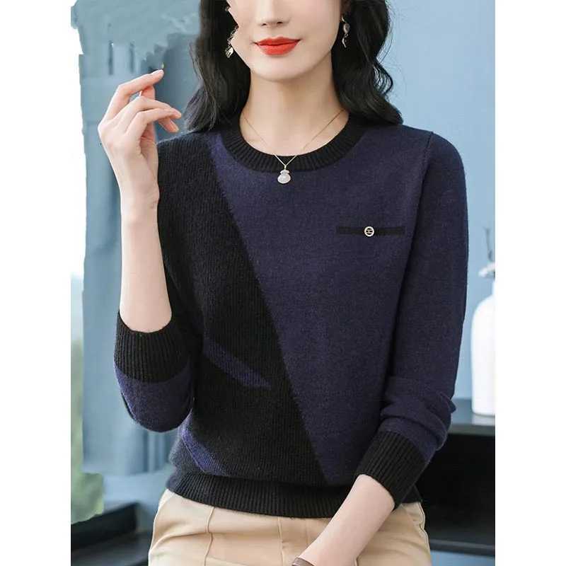 Womens Clothing Vintage Fashion Knit Wool Pullovers Autumn Winter New Elegant Chic Patchwork Oneck Sweaters Lady Allmatch TopT251025