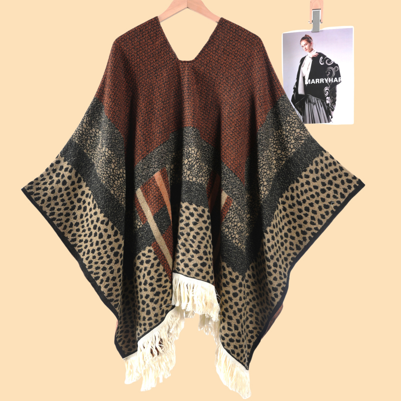 Womens Leopard Print Color Block Large Shawl Cape Autumn Winter Outdoor Cold Protection Warm Jacquard Shawl