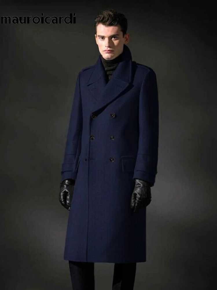 Mauroicardi Autumn Winter Long Warm Smart Casual Navy Blue Black Woolen Coat Men Double Breasted Luxury Wool Blends OvercoatT251025