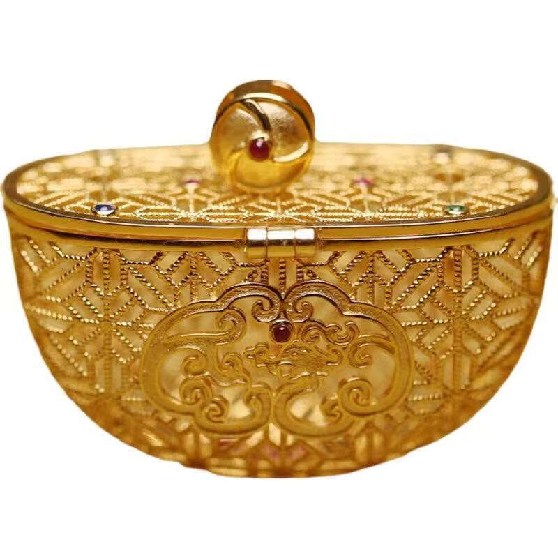 Chinese Style Hollow Inlaid Treasure Pendant Ancient Filigree Gold-Plated Hanging Ornament for Holding Spices Sachet Box Jewelry Accessories National 