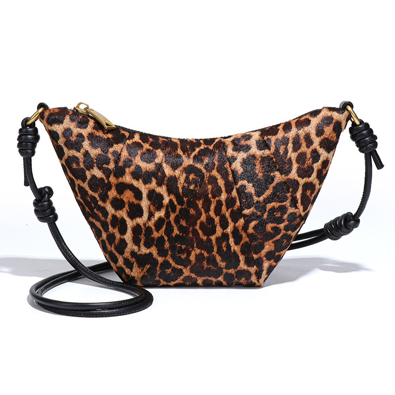 New High-End for Women French Niche Design Croissant Leopard Print Horsehair Genuine Leather Dumpling Bag