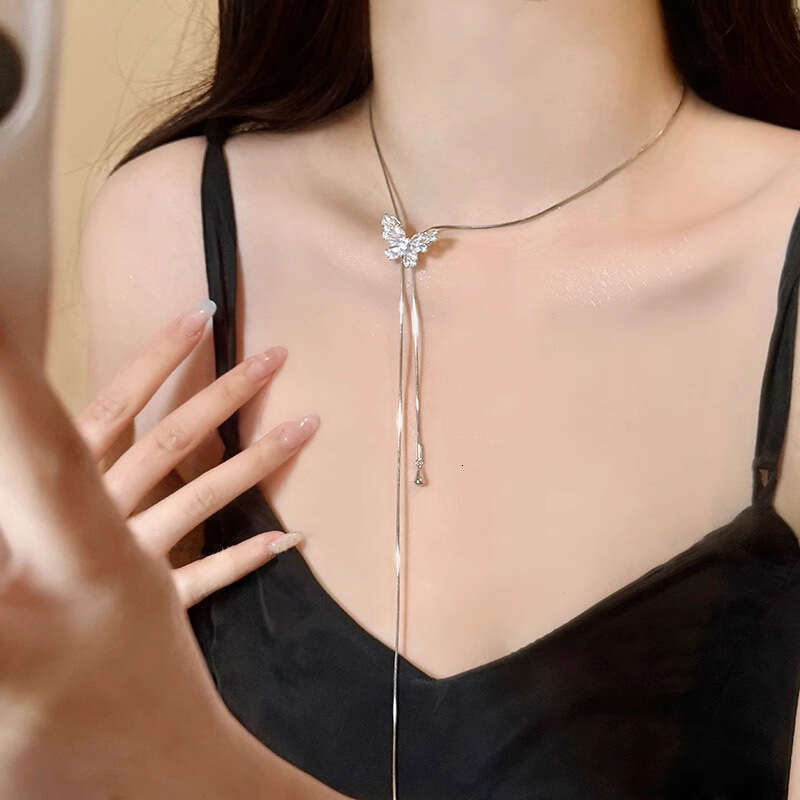 sier Butterfly Long Tassel Necklace for Women New Style Pull-out Clavicle Chain Unique Temperament Versatile Jewelry
