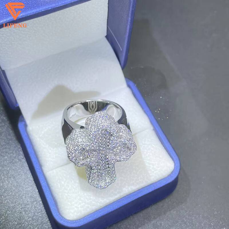 Custom 18K Gold Plated Gra Iced VVS Moissanite Diamond Cross Ring 925 Sterling Silver Hip Hop Style for Men Fashion Jewelry