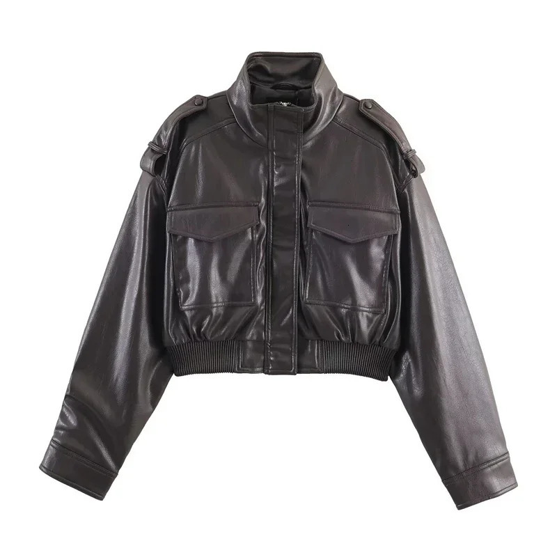 Womens Retro PU Street Style Motorcycle Jacket Zipper Pocket Tops Outerwear Faux Leather Jacket Coat Ladies Streetwear 251020