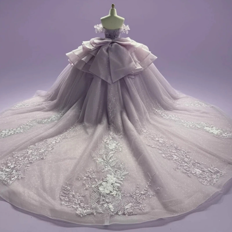 Light Lilac Quinceanera Dresses Ball Gown Off The Shoulder Applique Lace Beading Crystal Tull Party Birthday Sweet 16 Dress Vestidos 15 de anos